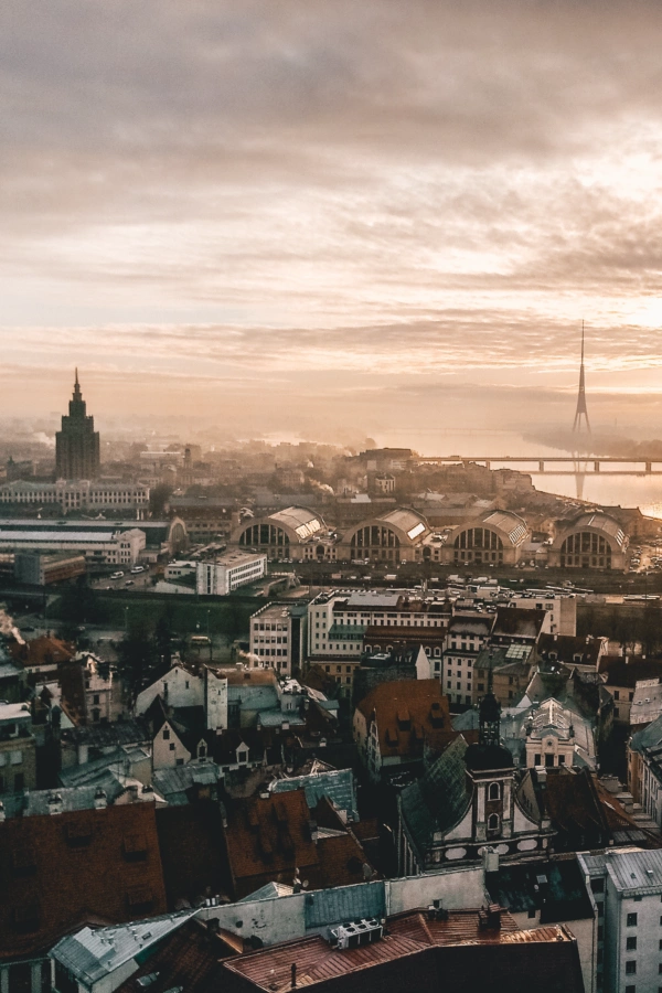 Aerial view of Riga old town and Daugava river, home of Kalceks pharmaceutical company